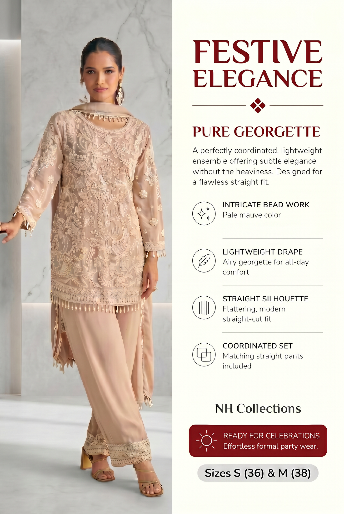 Women’s pale mauve georgette kurta Set with bead work in S & M
