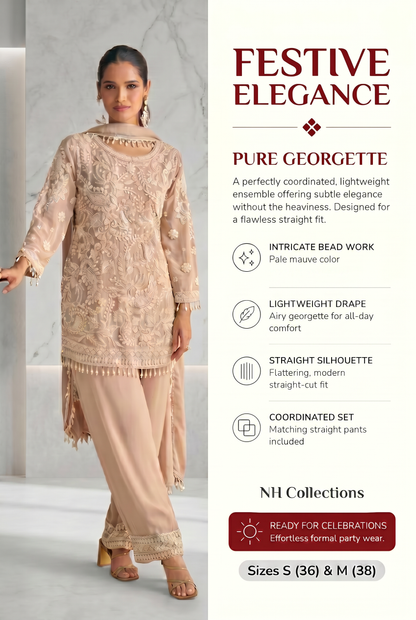 Women’s pale mauve georgette kurta Set with bead work in S & M