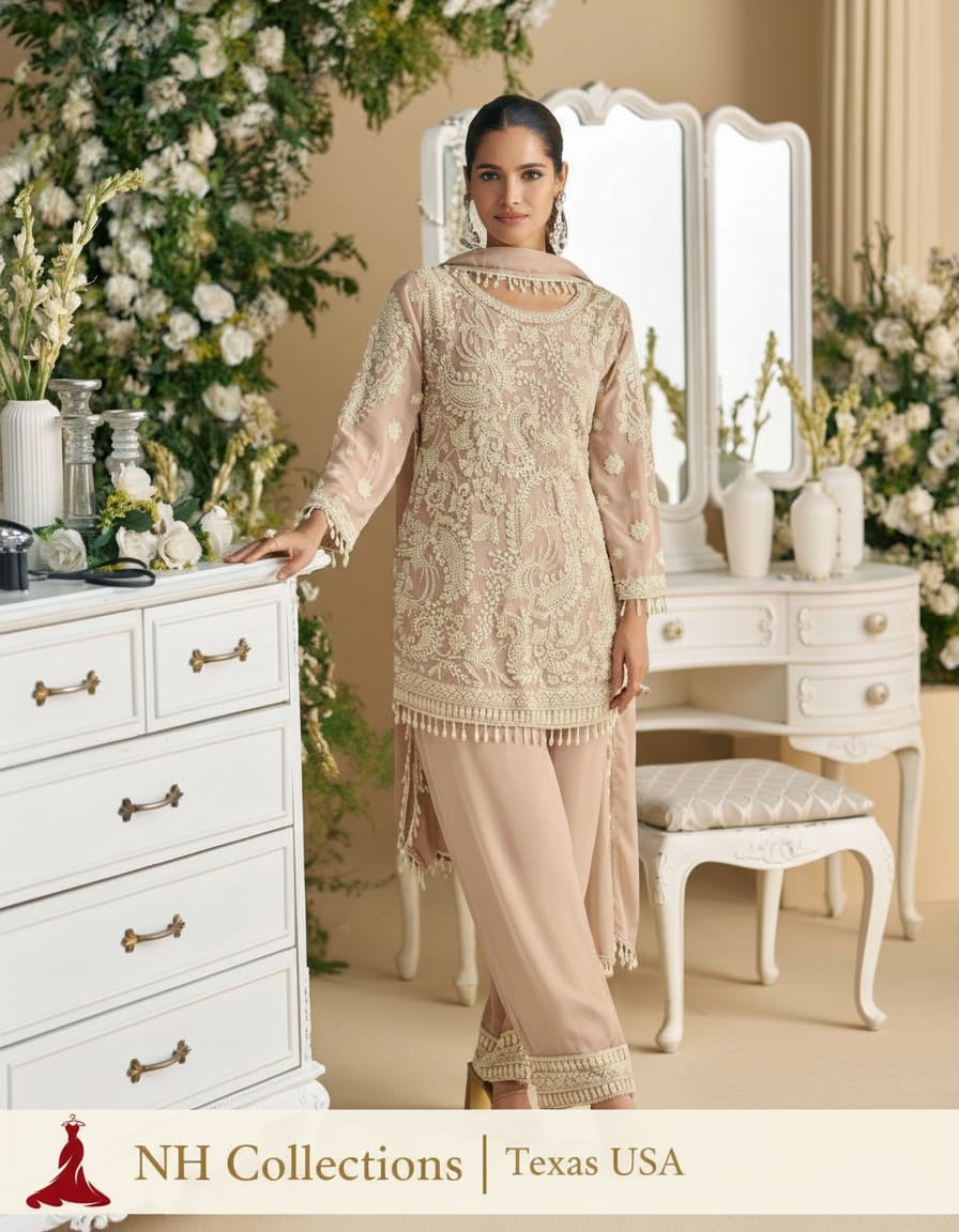 Women’s pale mauve georgette kurta Set with bead work in S & M