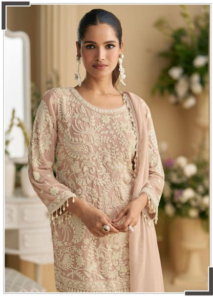 Women’s pale mauve georgette kurta Set with bead work in S & M