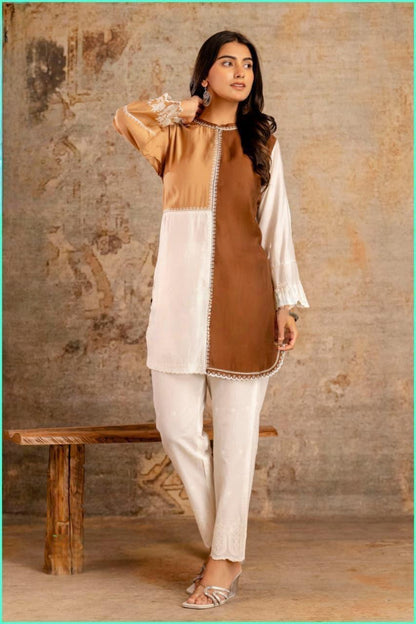 Women's Muslin silk coord set in shades of brown (L, XL, 3XL)