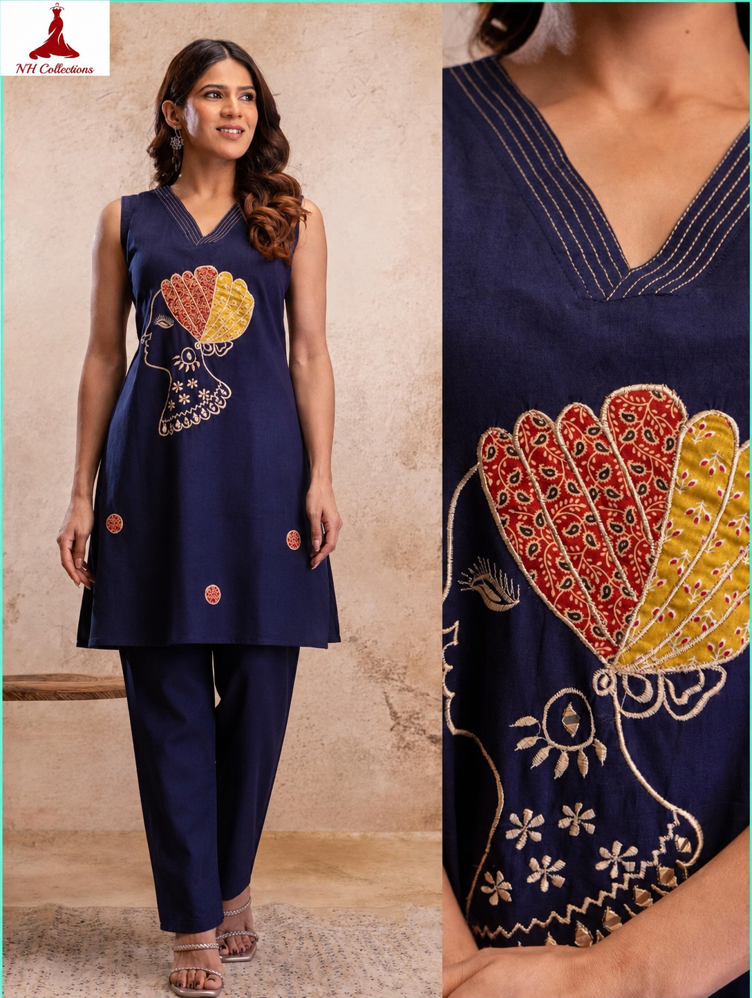Women's embroidered African Queen Tunic Set – 2-Piece (Navy Blue) - sleeve and design detail