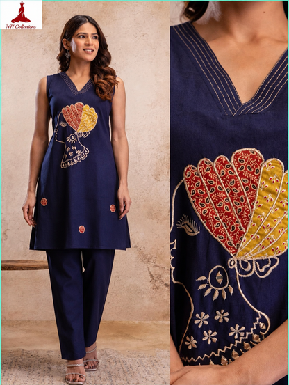 Women's embroidered African Queen Tunic Set – 2-Piece (Navy Blue) - sleeve and design detail