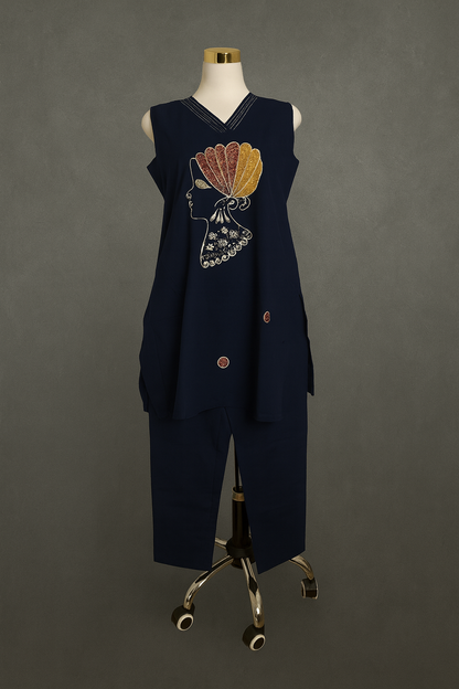 Women's embroidered African Queen Tunic Set – 2-Piece (Navy Blue)