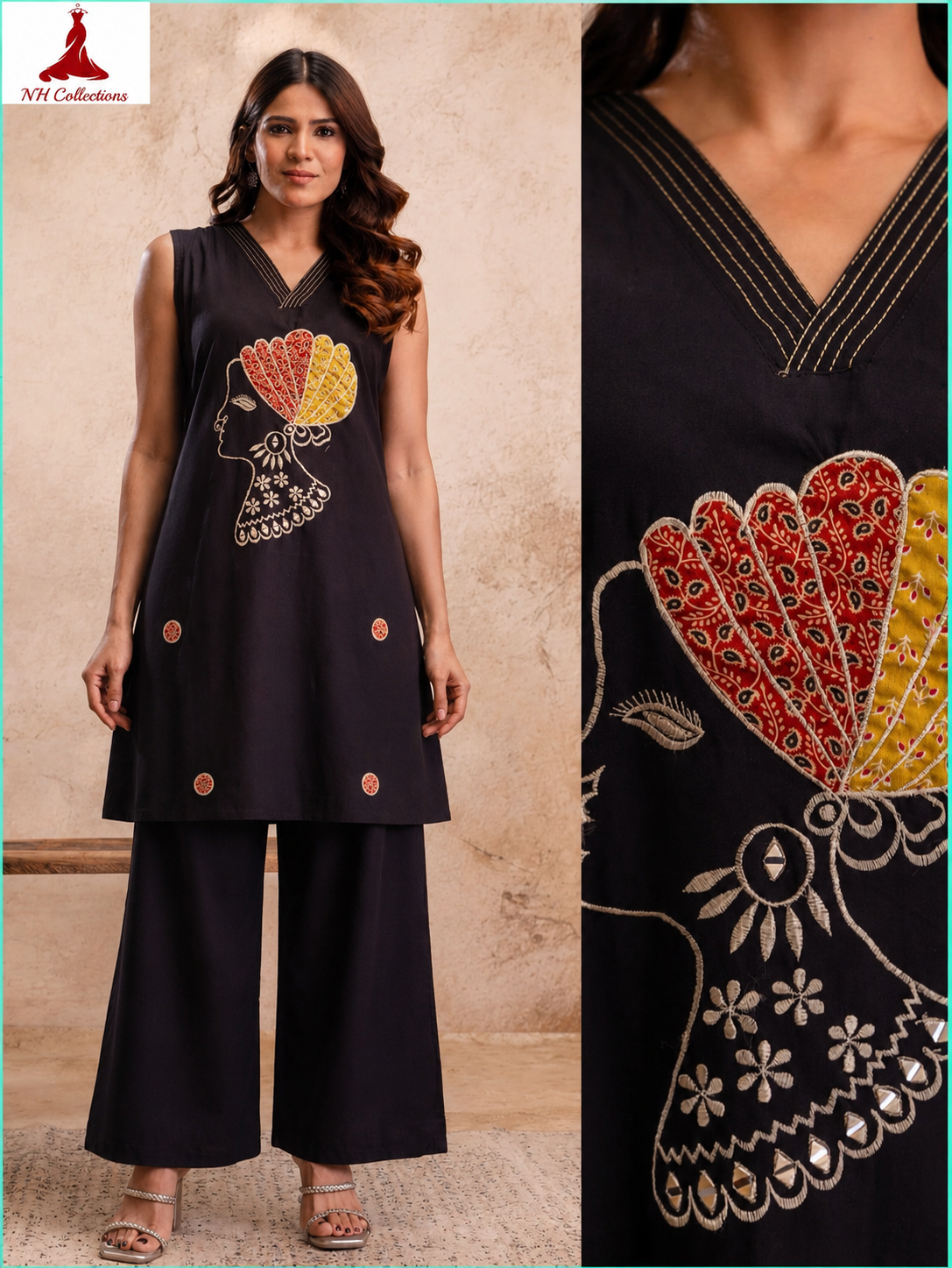 Women's embroidered African Queen Tunic Set – 2-Piece (Black) - sleeve and design detail