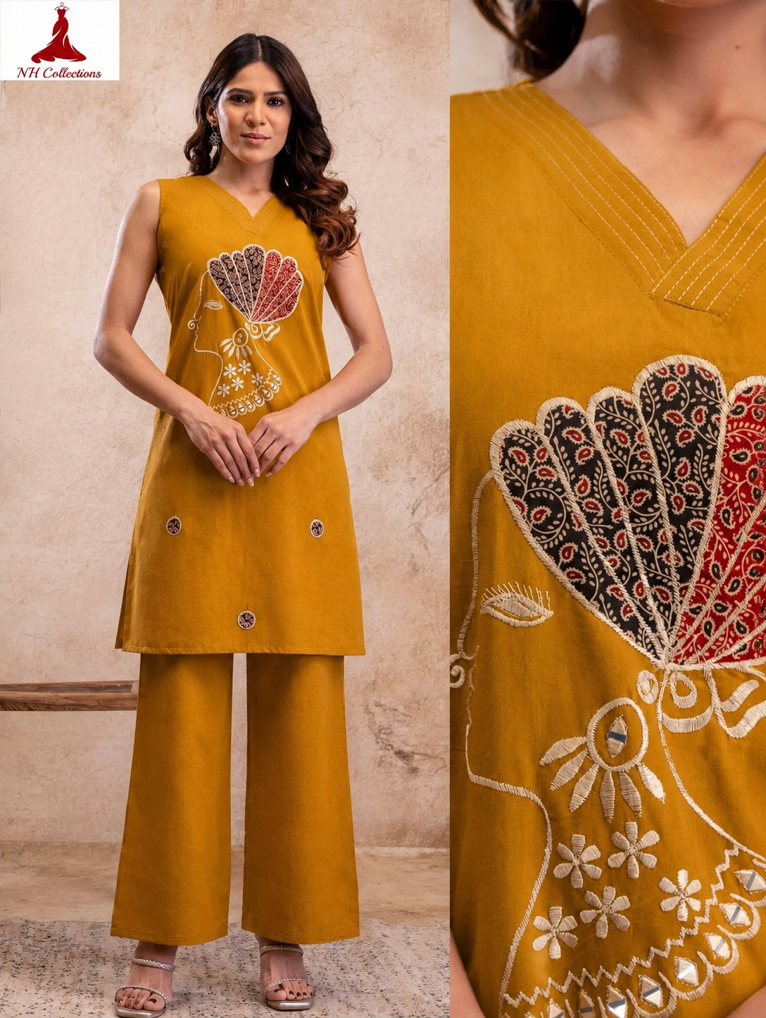 Women's embroidered African Queen Tunic Set – 2-Piece (Mustard) - sleeve and design detail