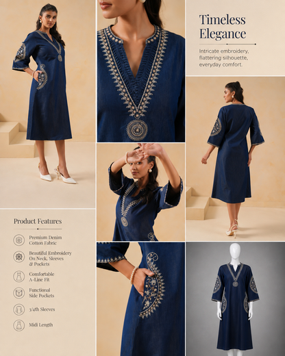 Women's Denim Aline dress with V neck (2XL to 3XL)