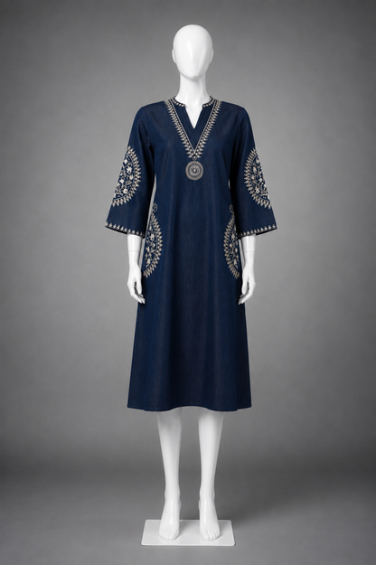 Women's Denim Aline dress with V neck (2XL to 3XL)