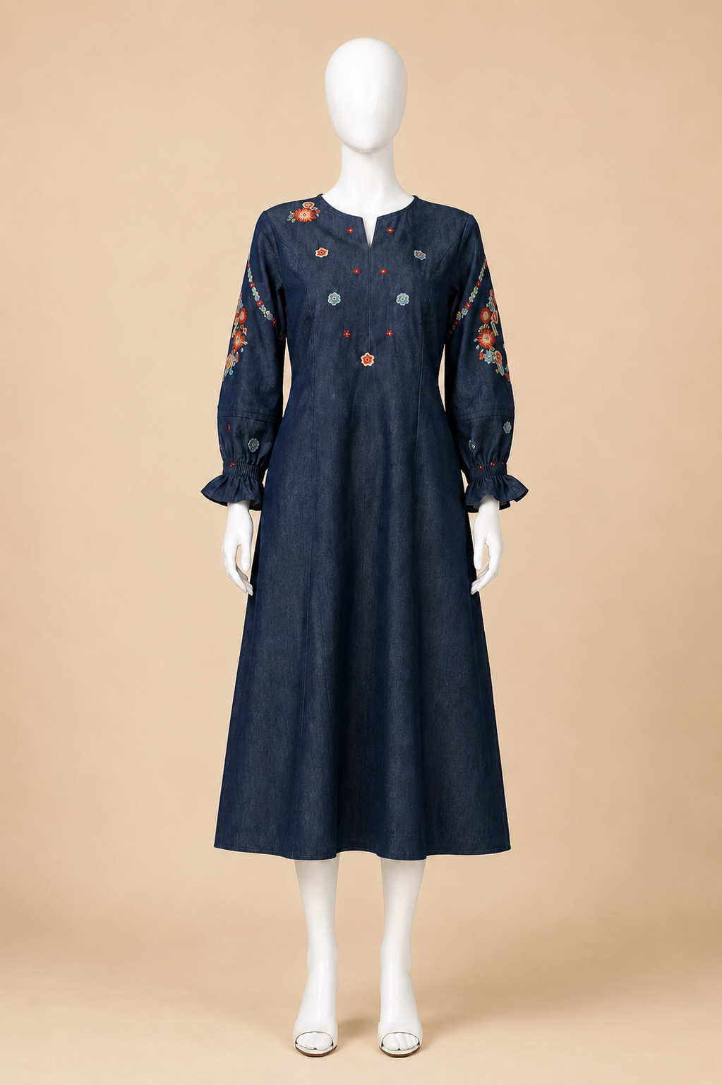 Women's Denim Aline dress with multicolor floral embroidery (S, 3XL to 5XL)