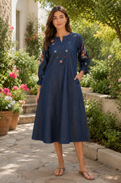 Women's Denim Aline dress with multicolor floral embroidery (S, 3XL to 5XL)
