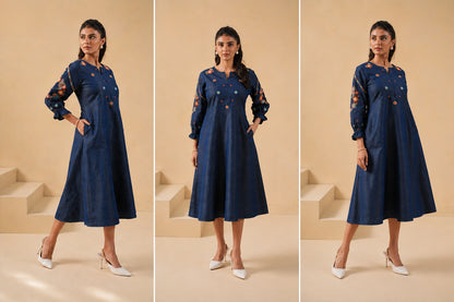 Women's Denim Aline dress with multicolor floral embroidery (S, 3XL to 5XL)