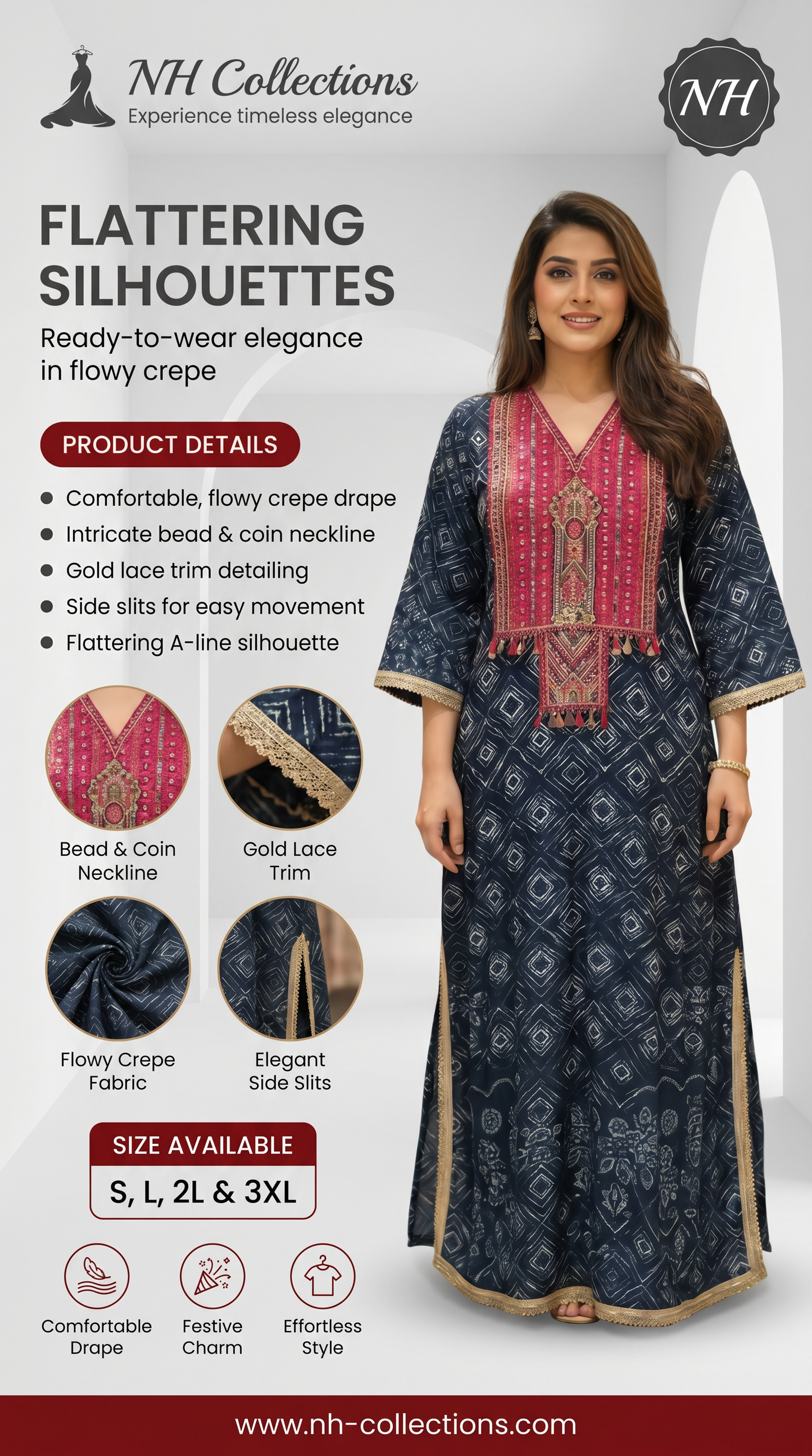Women's Navy Crepe A-line dress with neck embroidery in S, L, 2L & 3XL
