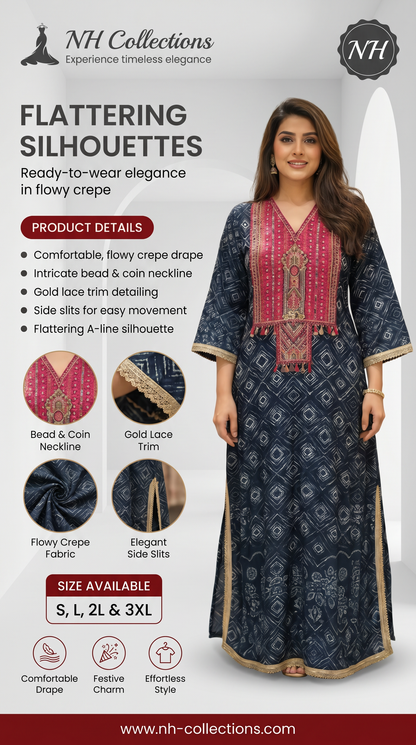 Women's Navy Crepe A-line dress with neck embroidery in S, L, 2L & 3XL