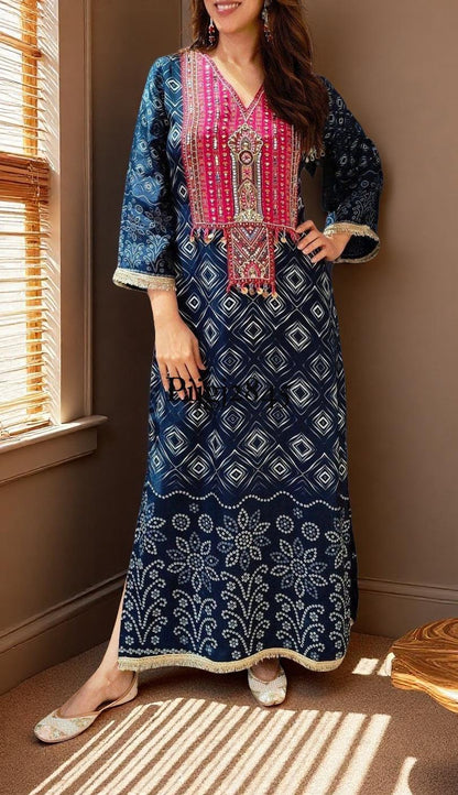 Women's Navy Crepe A-line dress with neck embroidery in S, L, 2L & 3XL
