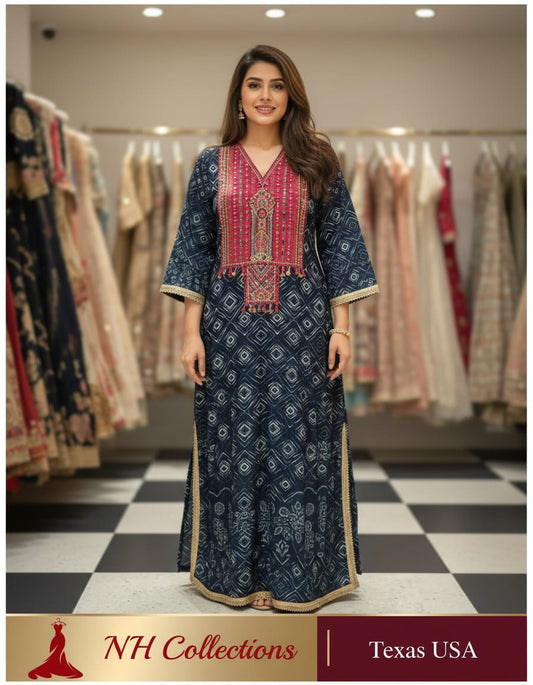 Women's Navy Crepe A-line dress with neck embroidery in S, L, 2L & 3XL