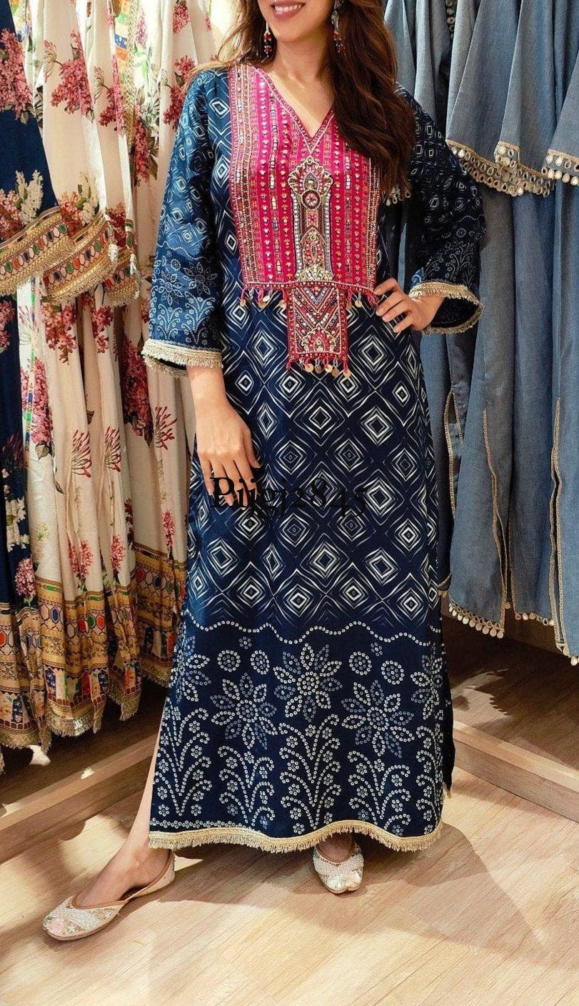 Women's Navy Crepe A-line dress with neck embroidery in S, L, 2L & 3XL
