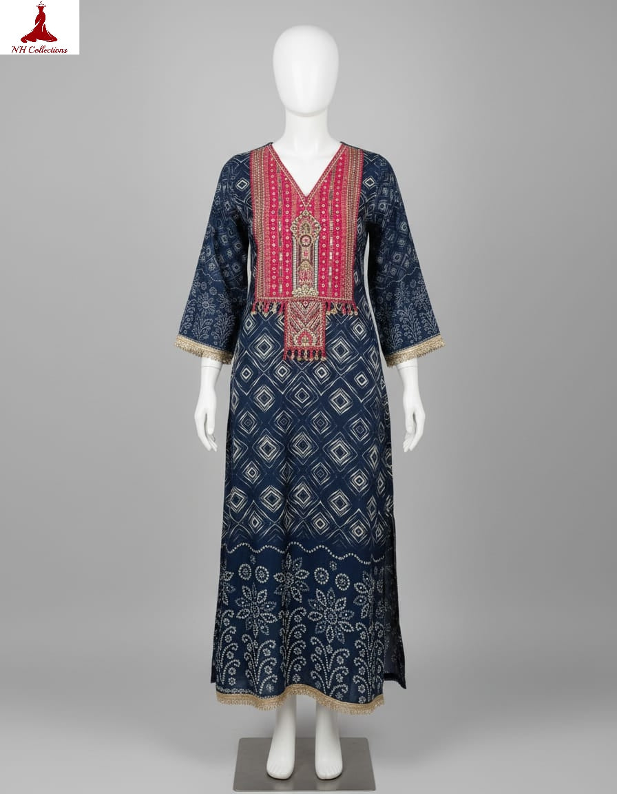 Women's Navy Crepe A-line dress with neck embroidery in S, L, 2L & 3XL