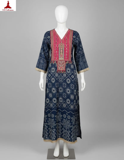 Women's Navy Crepe A-line dress with neck embroidery in S, L, 2L & 3XL
