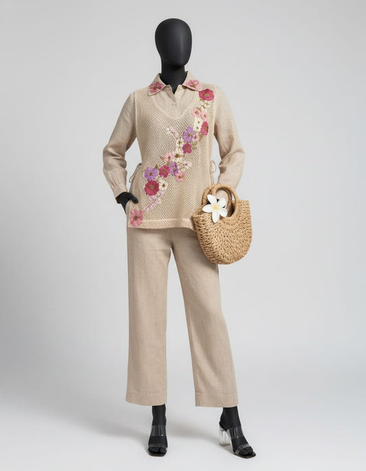 Women's Jute co-ord set with crochet jacket and applique flowers in L