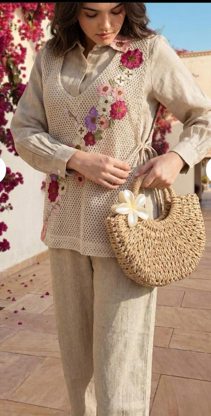 Women's Jute co-ord set with crochet jacket and applique flowers in L