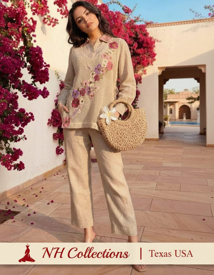 Women's Jute co-ord set with crochet jacket and applique flowers in L