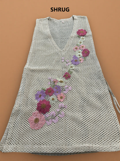 Women's Jute co-ord set with crochet jacket and applique flowers in L
