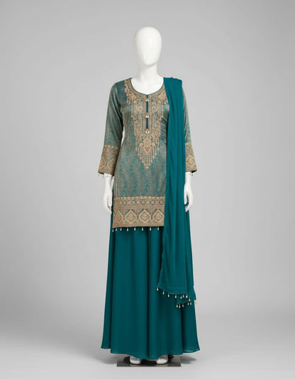 Women's Jacquard Banaras Pallazo set with bead work on neck and hemline in M & L