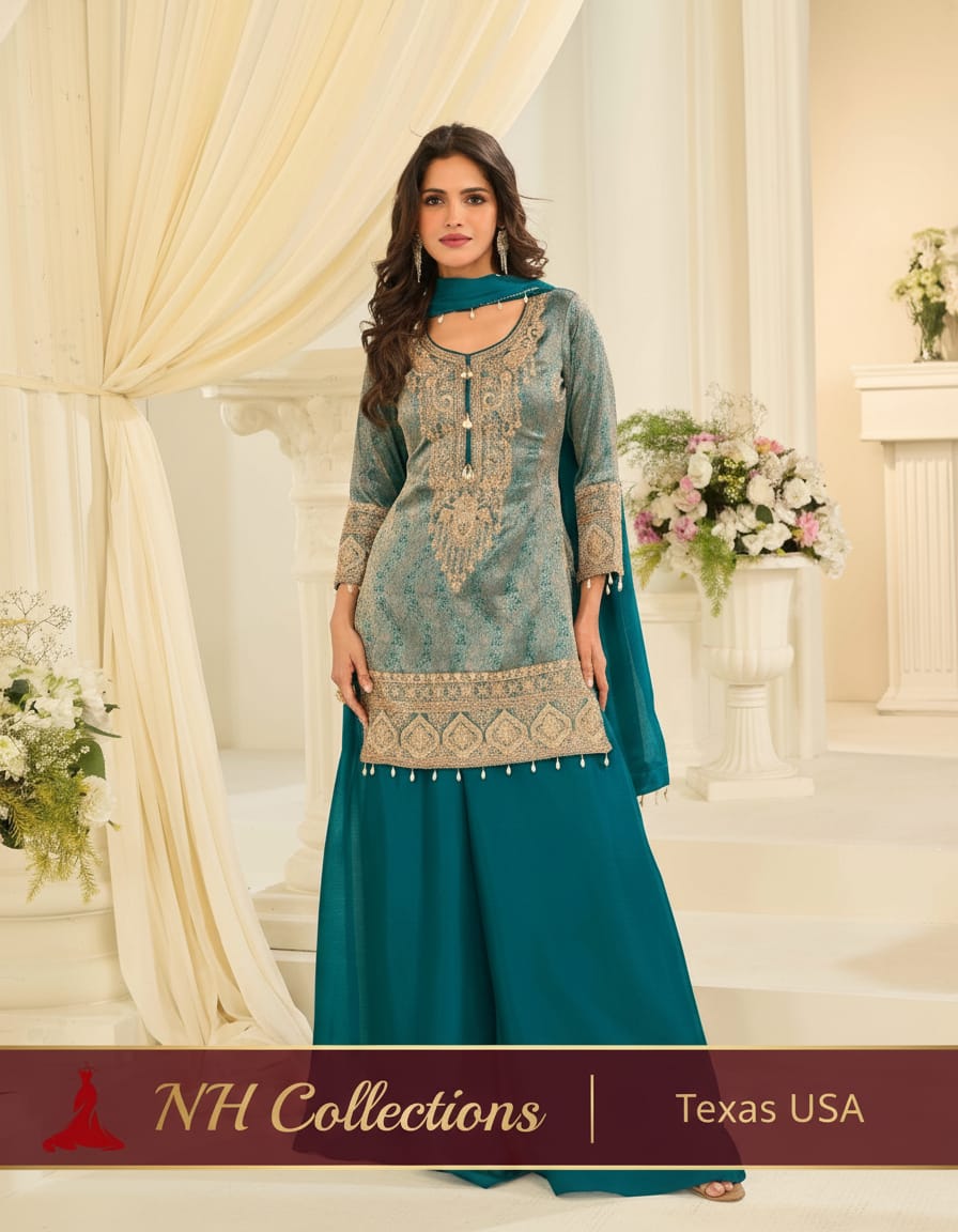 Women's Jacquard Banaras Pallazo set with bead work on neck and hemline in M & L