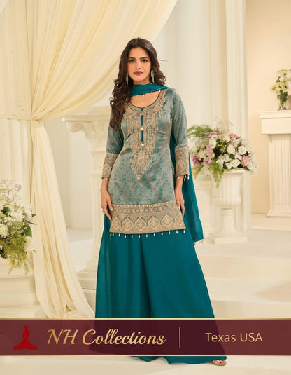 Women's Jacquard Banaras Pallazo set with bead work on neck and hemline in M & L