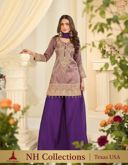 Women's Jacquard Banaras Pallazo set with bead work on neck and hemline in M & L