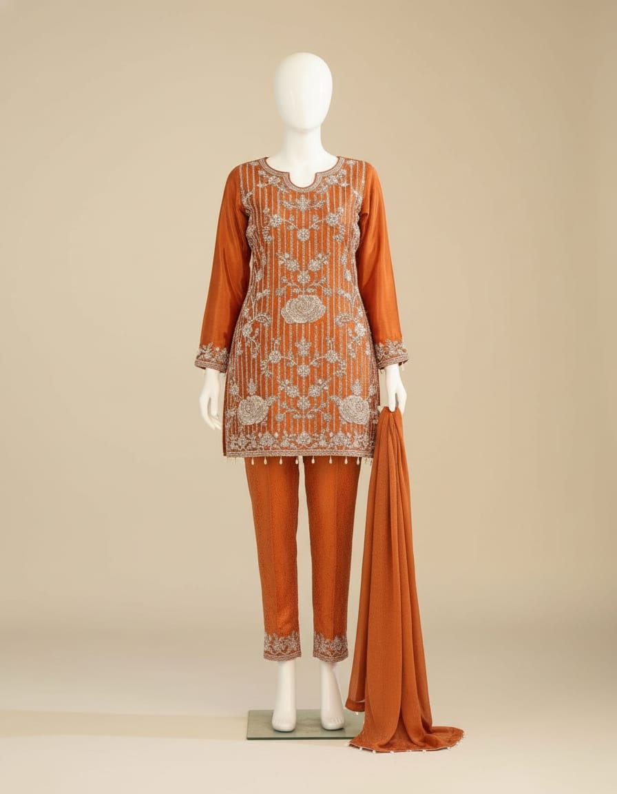 Women's Jacquard Banaras Pant set with all over bead work in M, L & XL