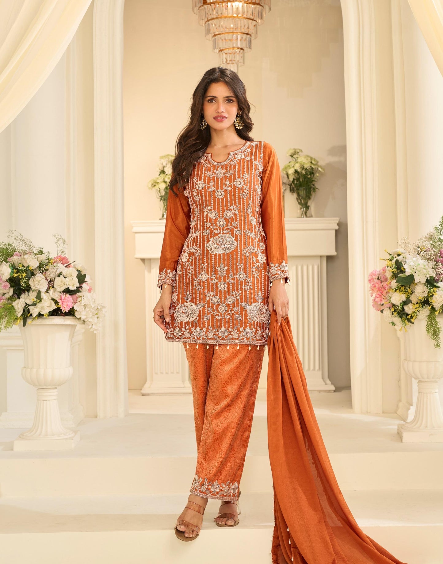 Women's Jacquard Banaras Pant set with all over bead work in M, L & XL