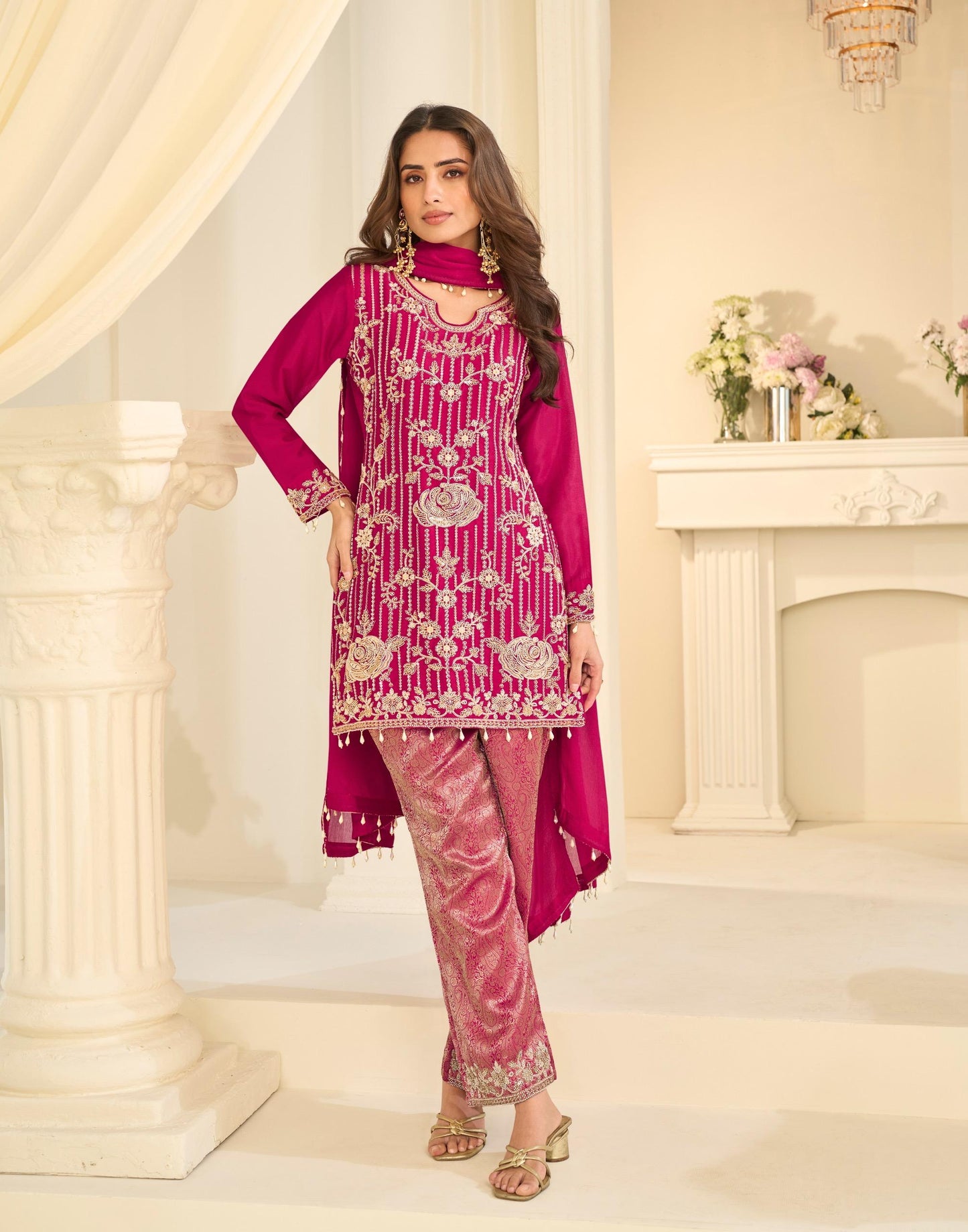 Women's Jacquard Banaras Pant set with all over bead work in M, L & XL