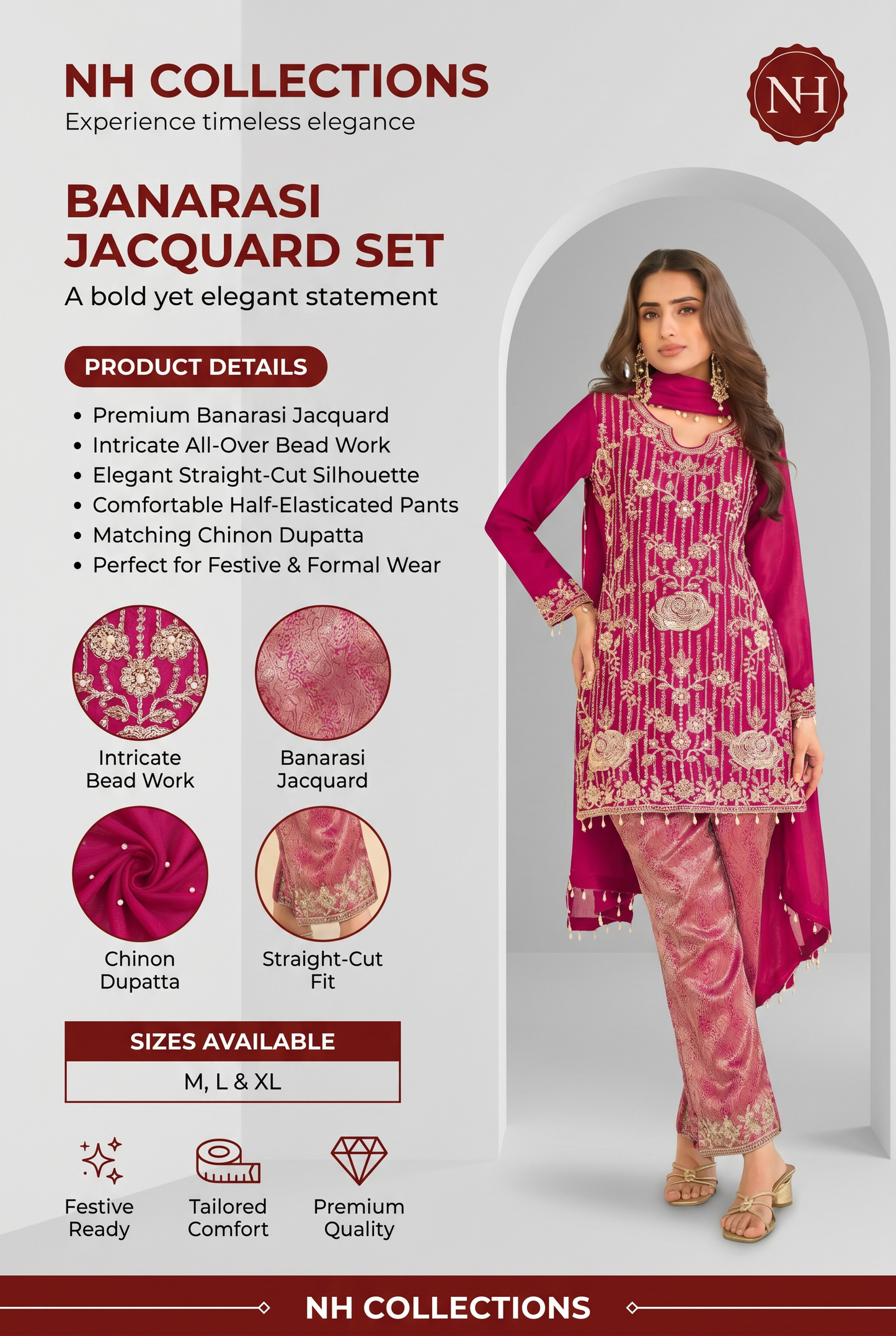 Women's Jacquard Banaras Pant set with all over bead work in M, L & XL