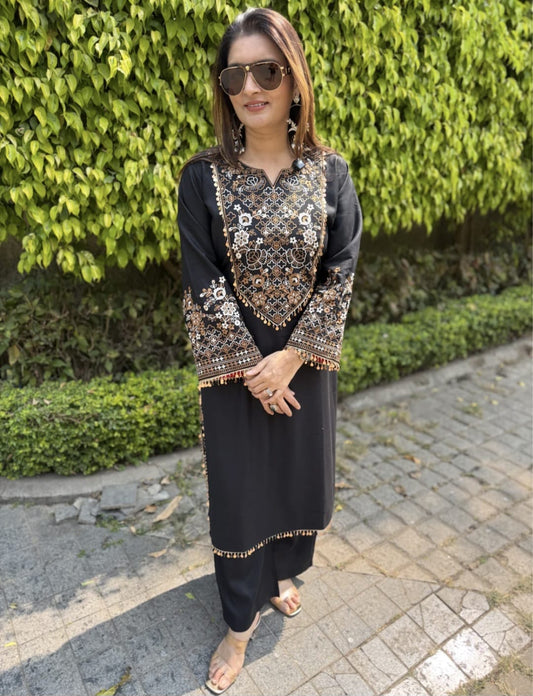 Women's Blue & Black color embroidery coord sets with coin lace (S, M, L)