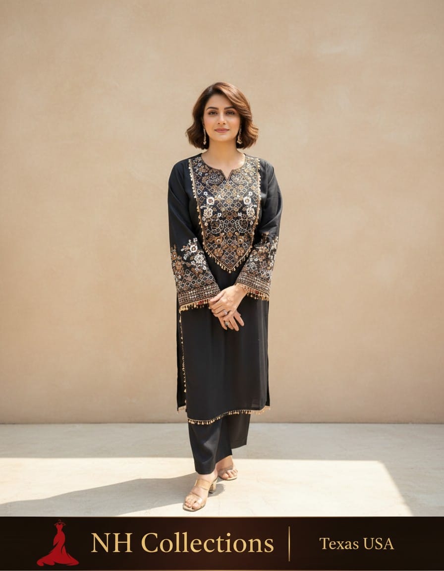 Women's Blue & Black color embroidery coord sets with coin lace (S, M, L)