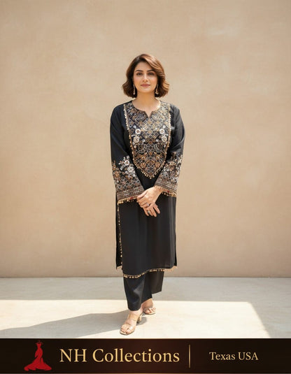 Women's Blue & Black color embroidery coord sets with coin lace (S, M, L)