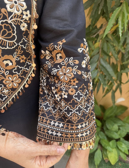 Women's Blue & Black color embroidery coord sets with coin lace (S, M, L)