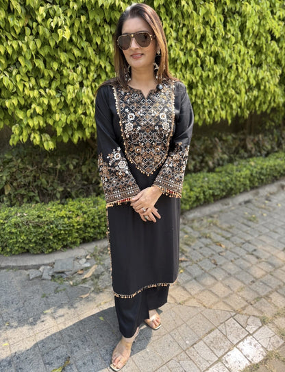 Women's Blue & Black color embroidery coord sets with coin lace (S, M, L)