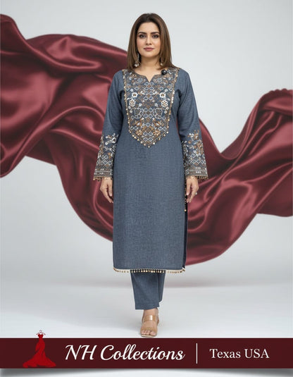 Women's Blue & Black color embroidery coord sets with coin lace (S, M, L)