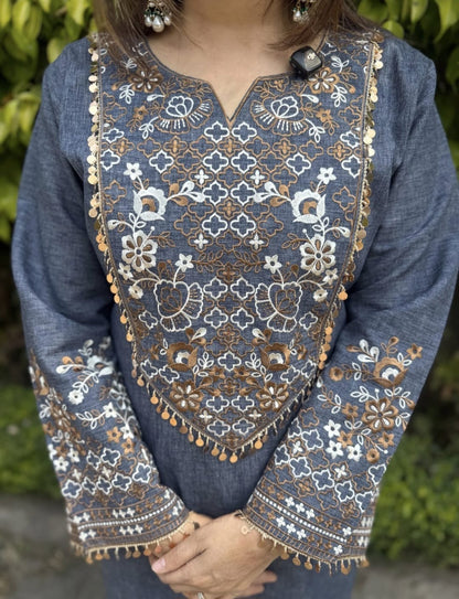 Women's Blue & Black color embroidery coord sets with coin lace (S, M, L)