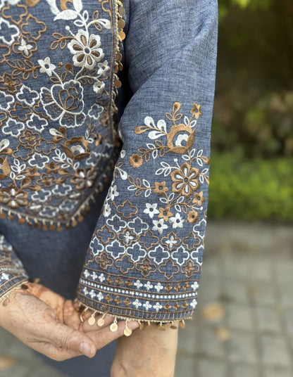 Women's Blue & Black color embroidery coord sets with coin lace (S, M, L)