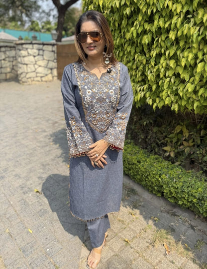 Women's Blue & Black color embroidery coord sets with coin lace (S, M, L)