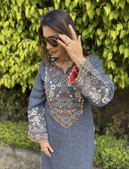 Women's Blue & Black color embroidery coord sets with coin lace (S, M, L)