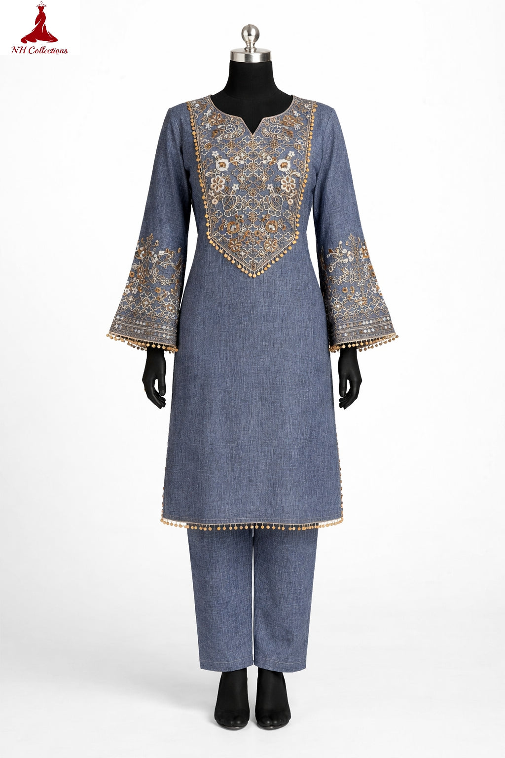 Women's Blue & Black color embroidery coord sets with coin lace (S, M, L)