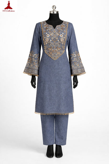 Women's Blue & Black color embroidery coord sets with coin lace (S, M, L)