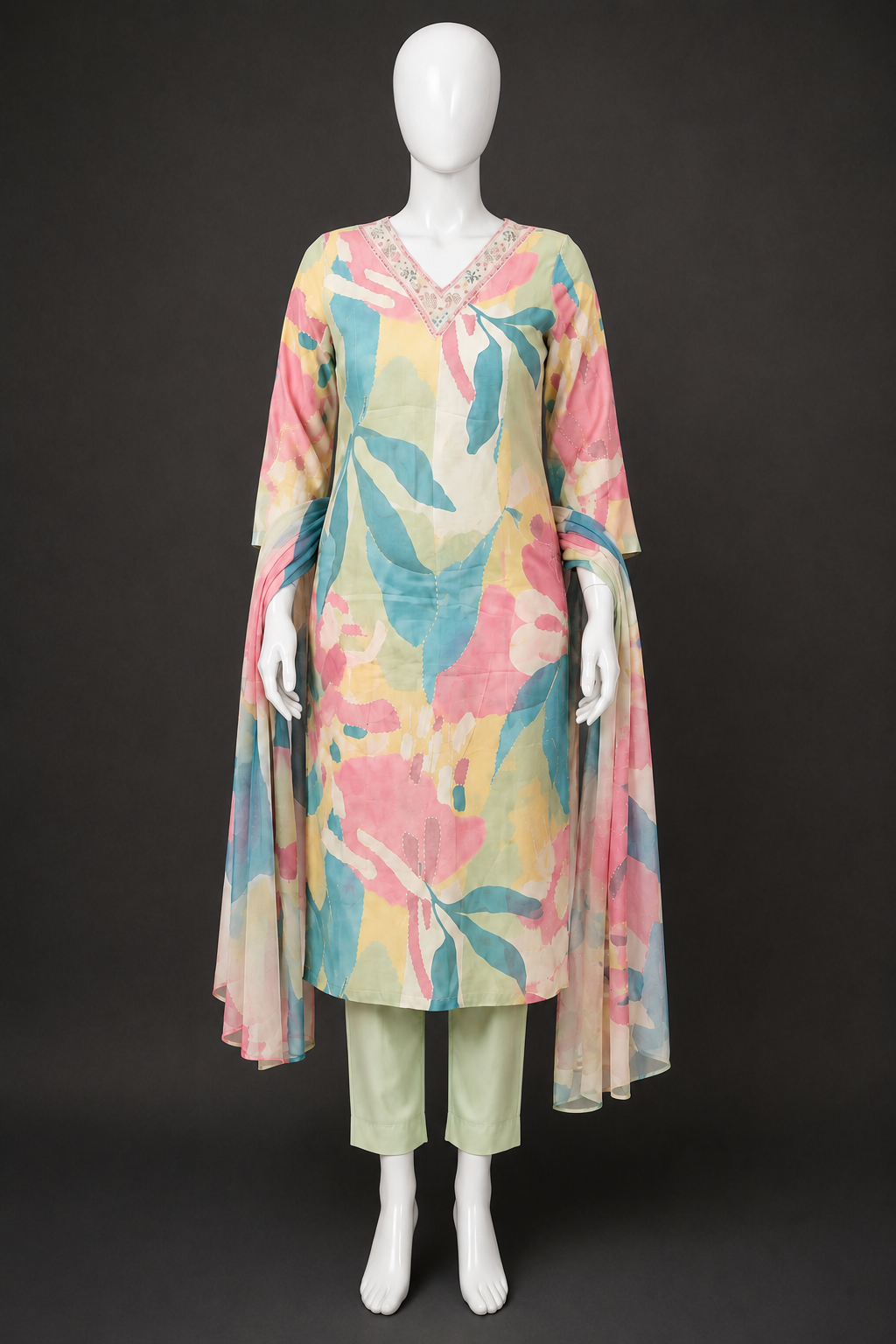 Women’s Off-white linen kurta set with mul dupatta in M