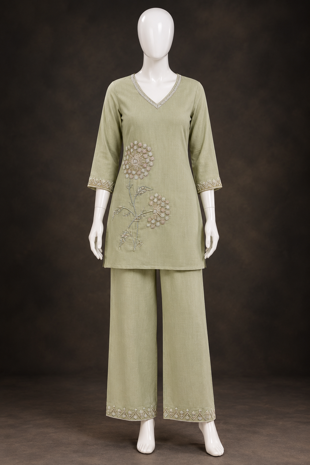Women's Mint green mul chanderi silk coord set in XL