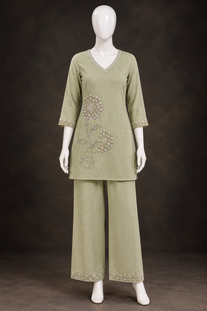 Women's Mint green mul chanderi silk coord set in XL
