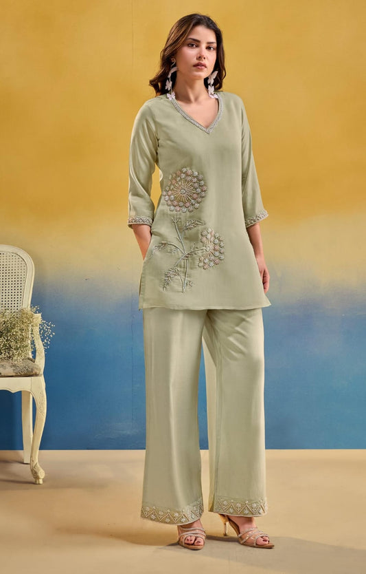 Women's Mint green mul chanderi silk coord set in XL
